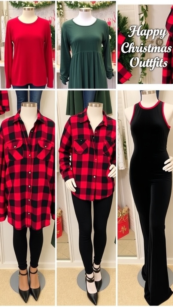 A collection of four Christmas outfits including a sweater, dress, flannel shirt, and jumpsuit, set against a festive backdrop.